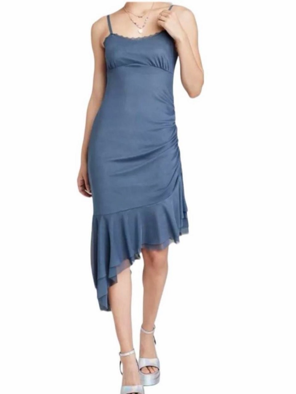 Wild Fable Blue Ruched Mesh Asymmetrical Midi Slip Dress L NWT